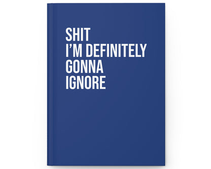 Blue notebook with white text on a white background