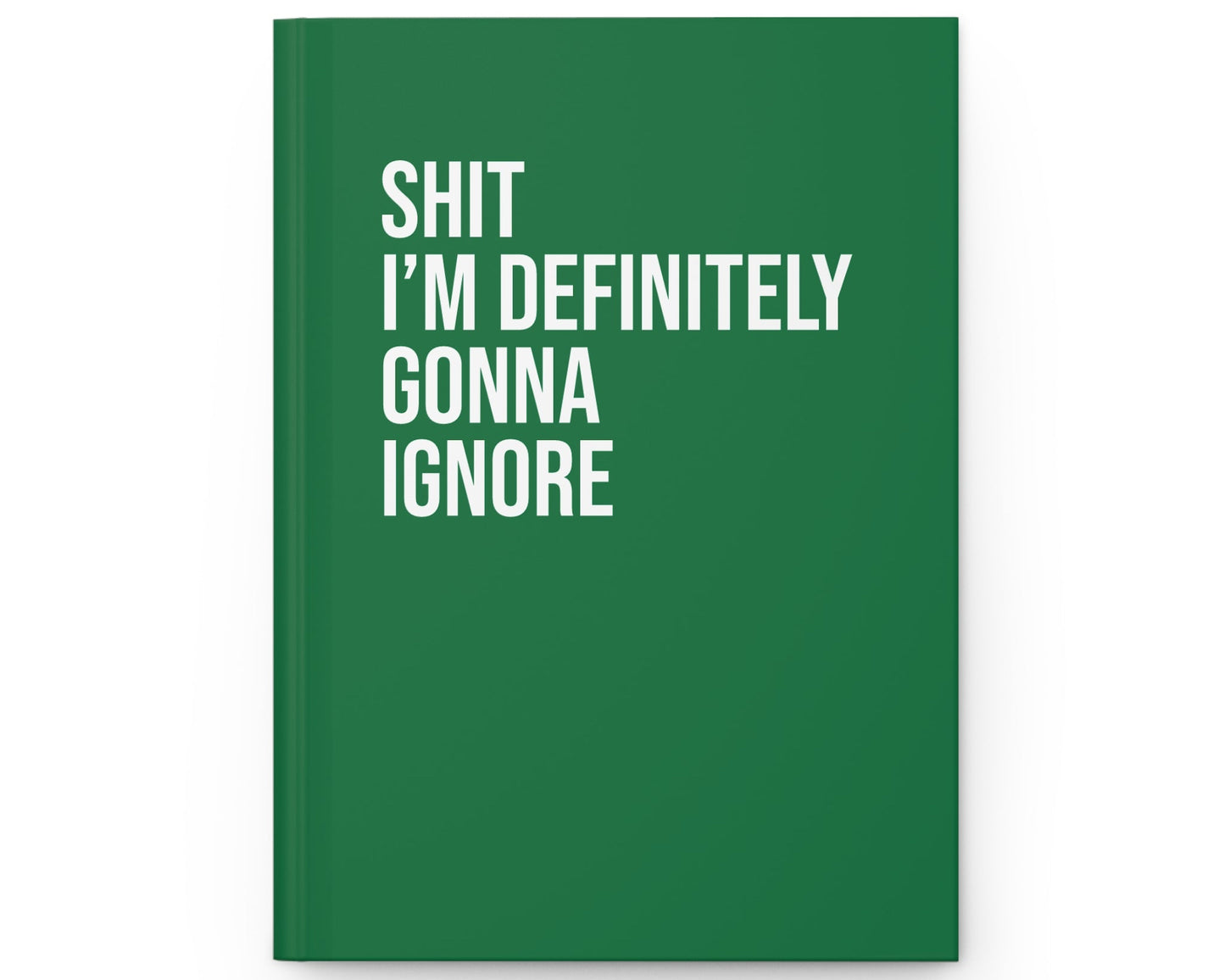 Green notebook with white text on a white background