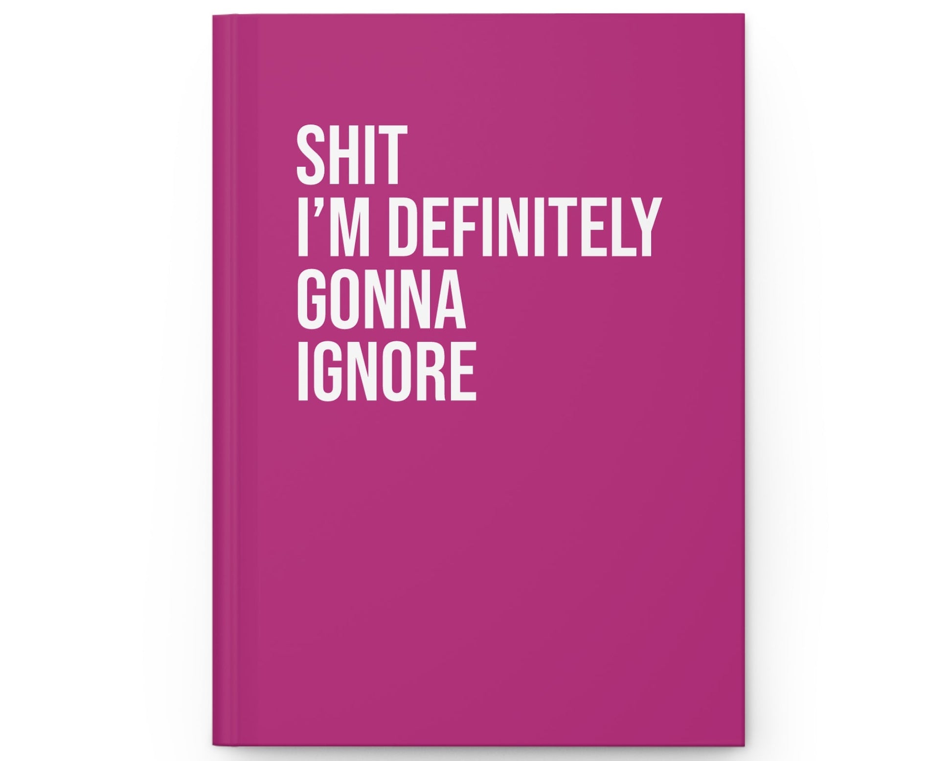 Pink notebook with white text on a white background