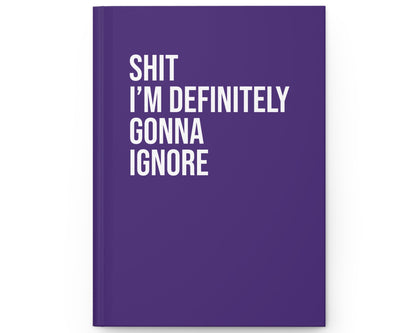 Purple notebook with white text on a white background