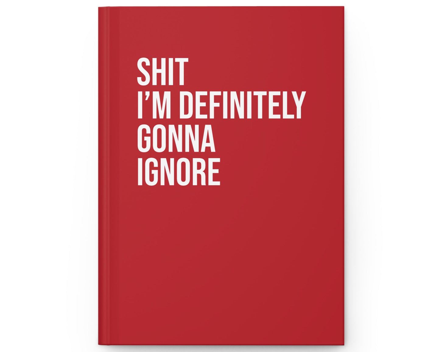 Red notebook with white text on a white background