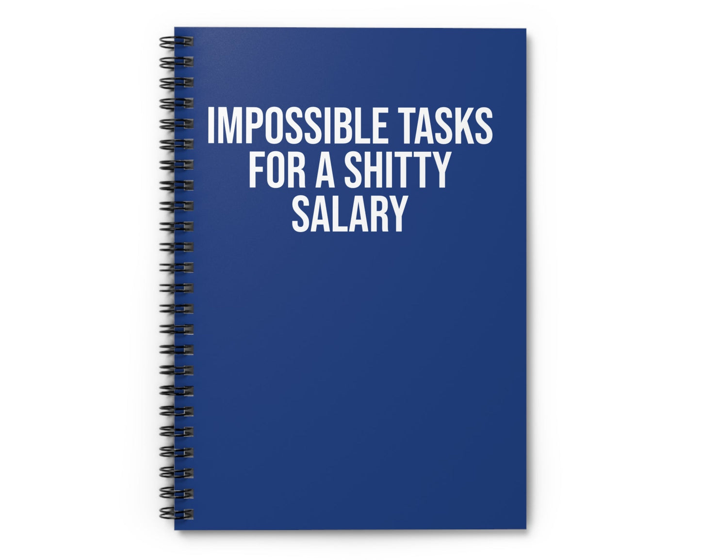 Blue notebook with white text on a white background