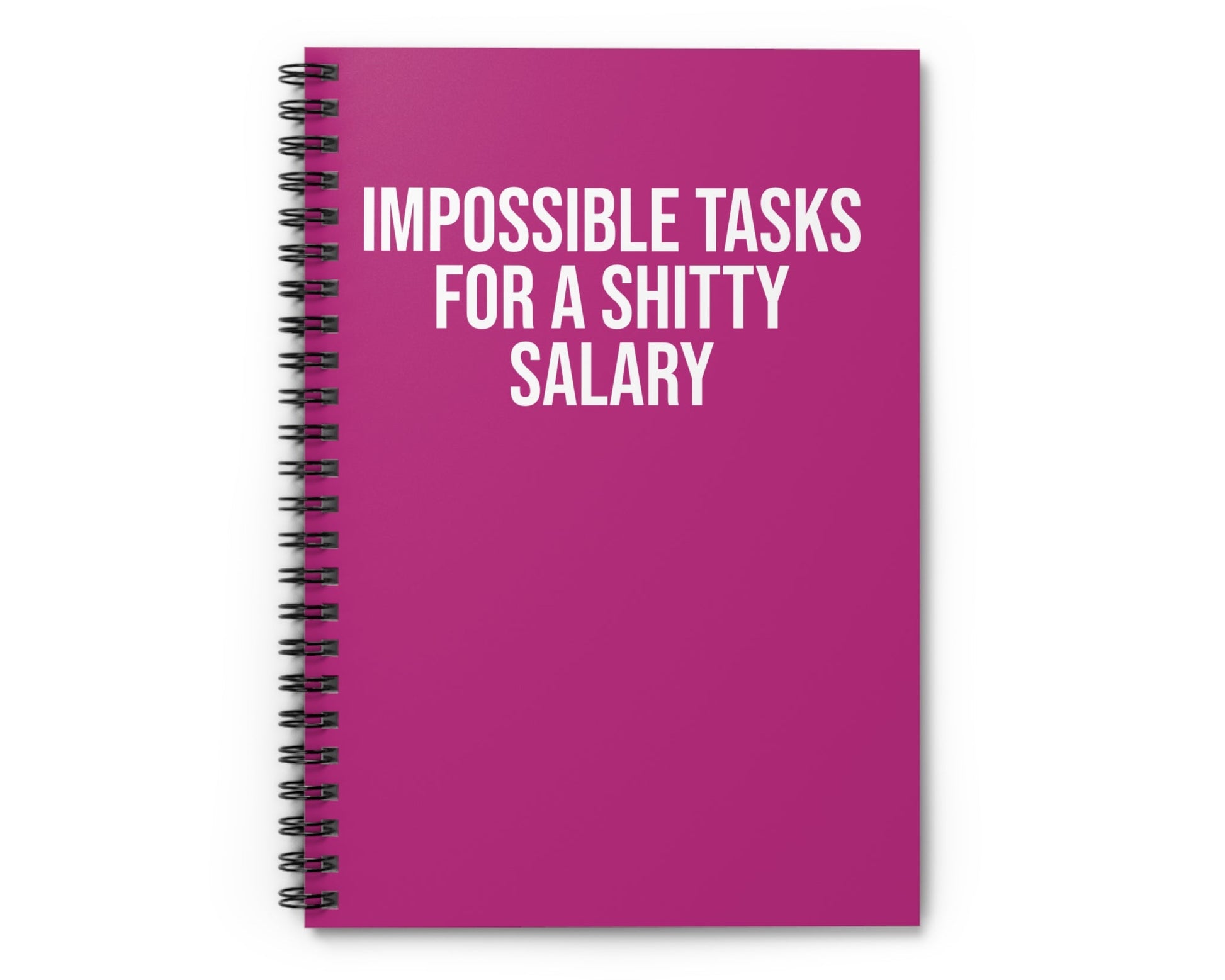 Pink notebook with white text on a white background