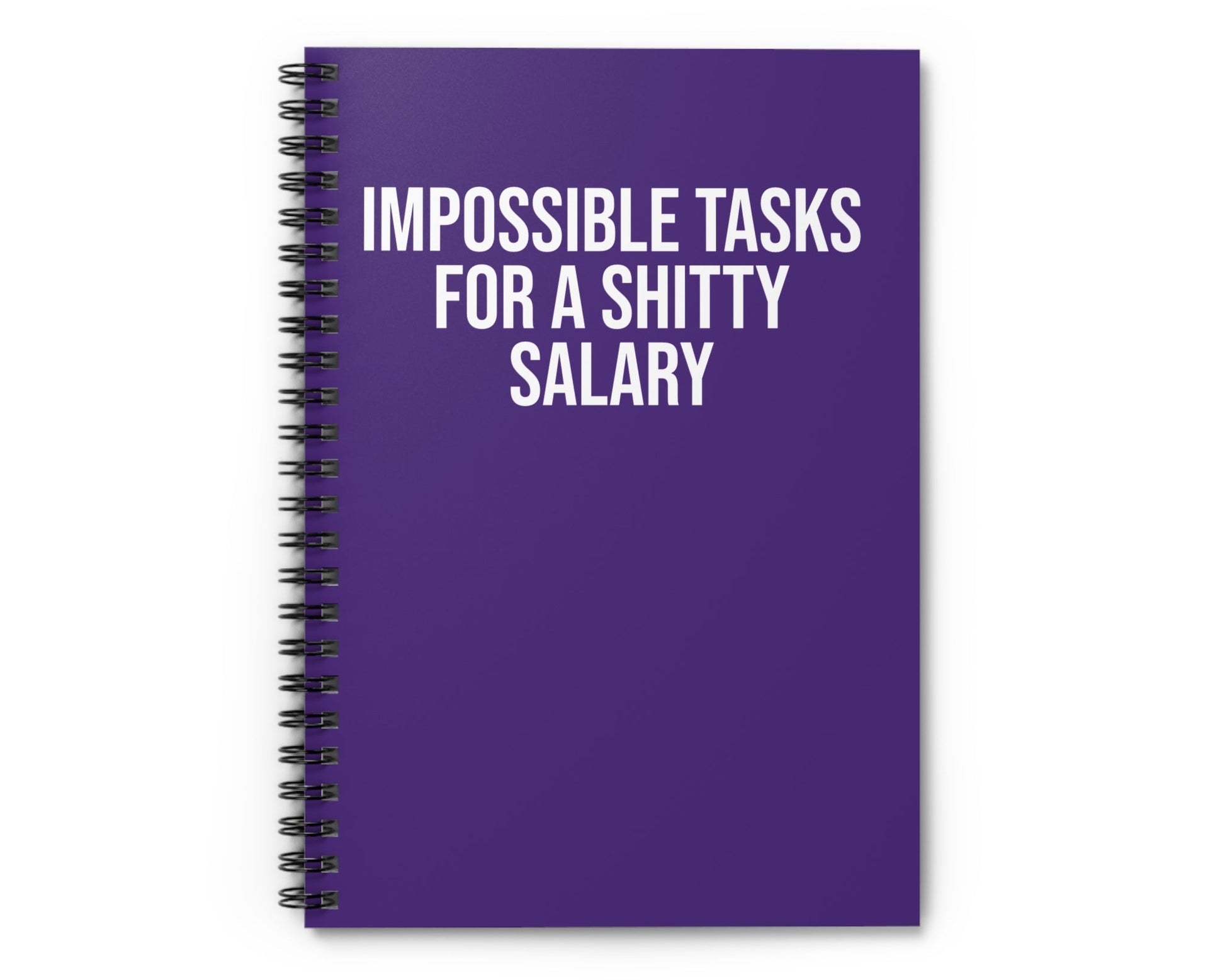 Purple notebook with white text on a white background