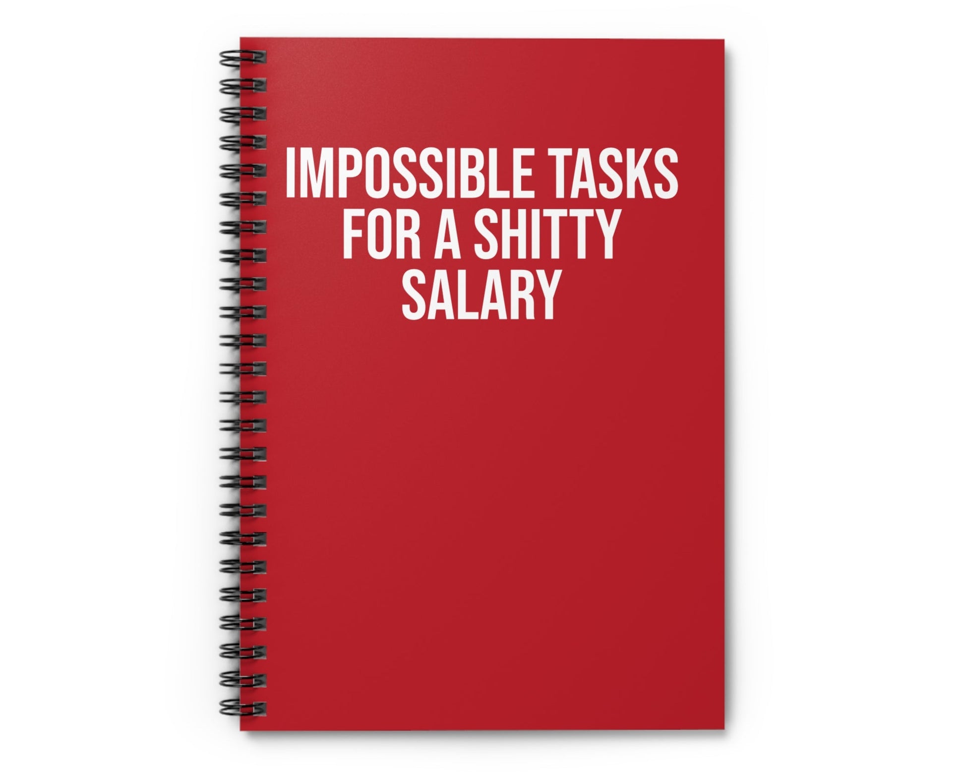 Red notebook with white text on a white background