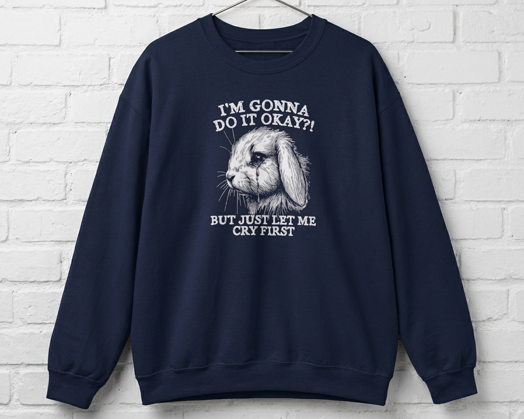 Navy blue sweatshirt with a graphic and text on a white brick wall background