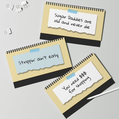 Three spiral-bound notebooks with text on a gray background