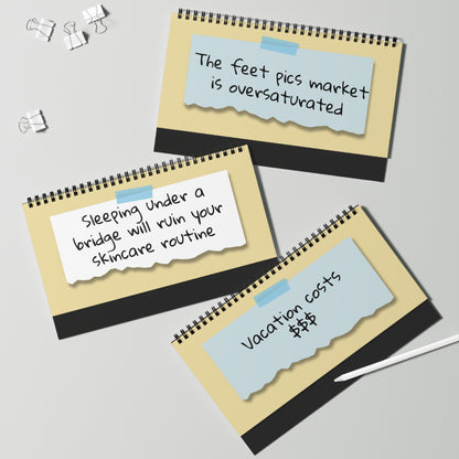 Three spiral-bound notebooks with humorous text on a light gray background