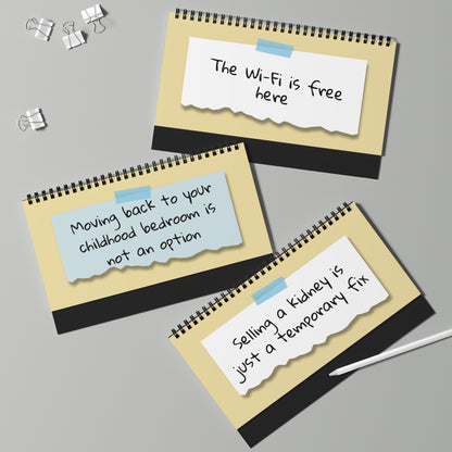 Three spiral-bound notebooks with humorous notes on a gray background
