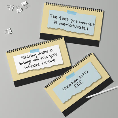 Three spiral-bound notebooks with humorous text on a gray background