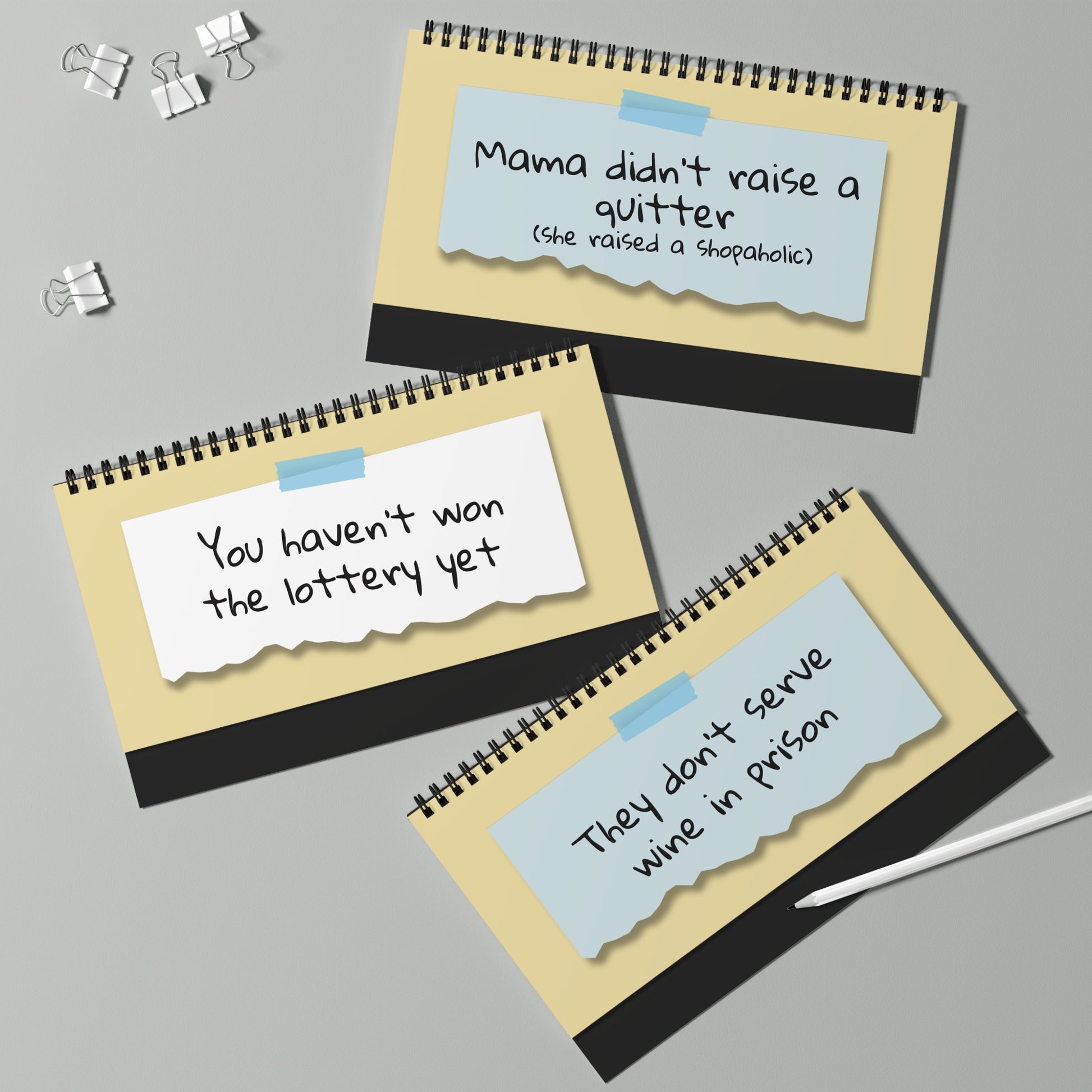 Three spiral-bound notebooks with humorous sayings on a gray background