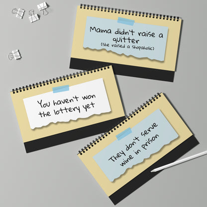 Three spiral-bound notebooks with humorous sayings on a gray background