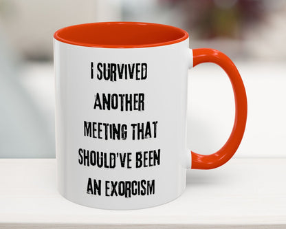 White mug with orange interior and handle, featuring a humorous text design.