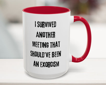 White mug with red interior and handle, featuring a humorous text design.