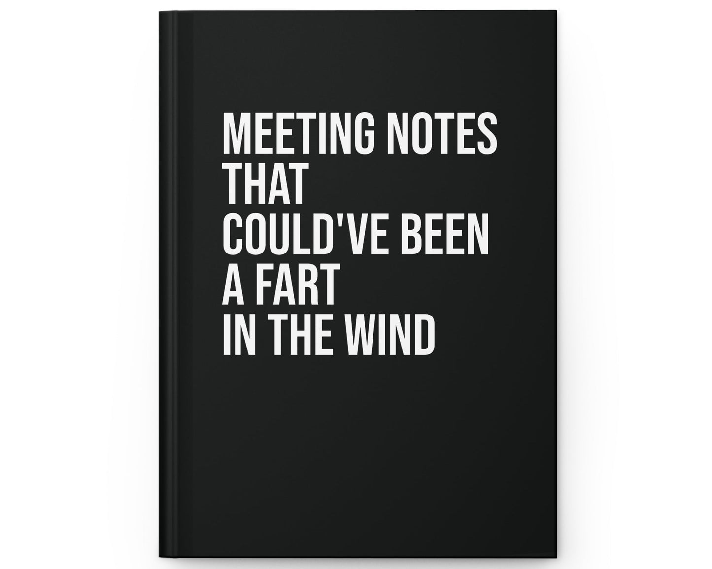 Black notebook with white text on a white background
