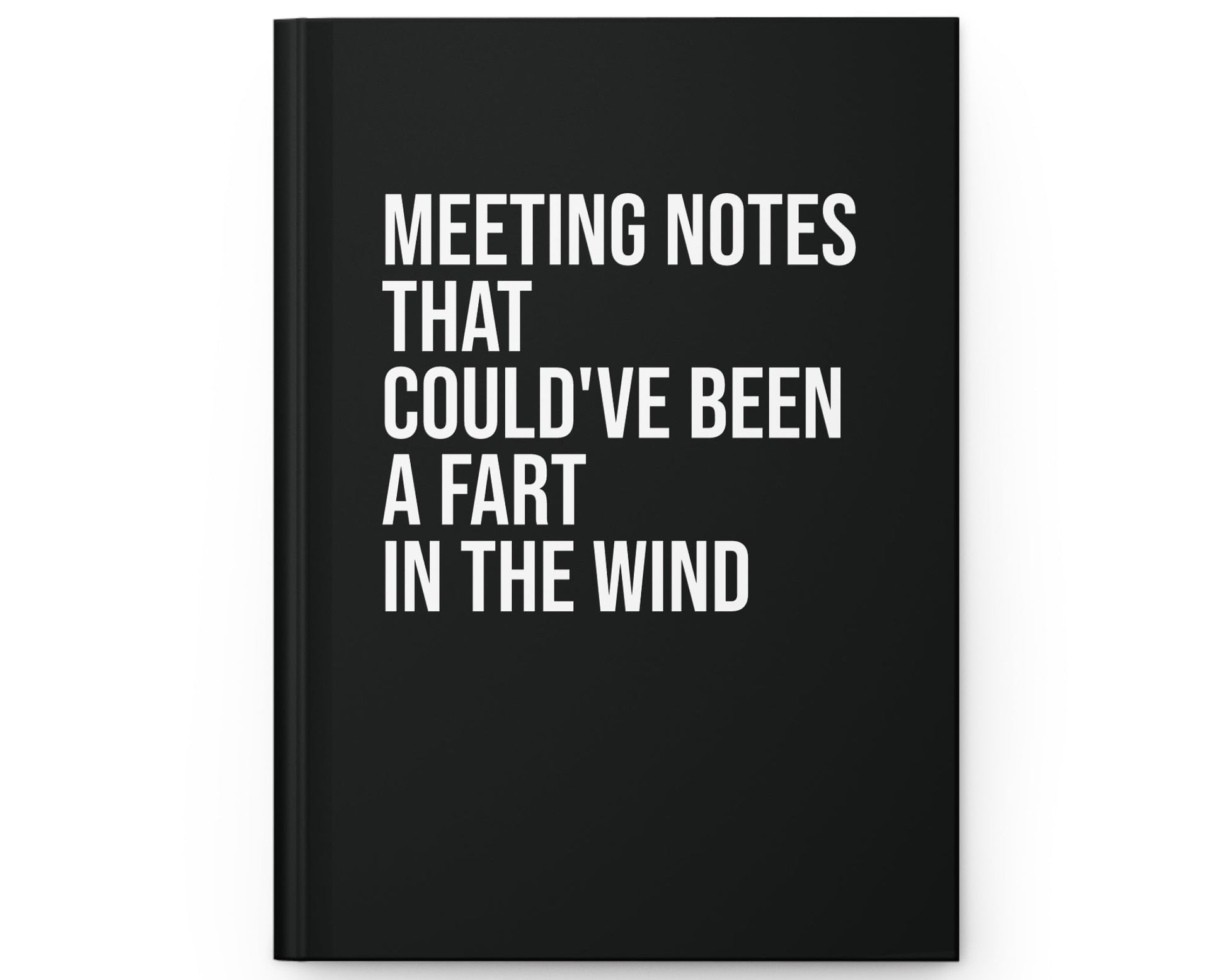 Black notebook with white text on a white background