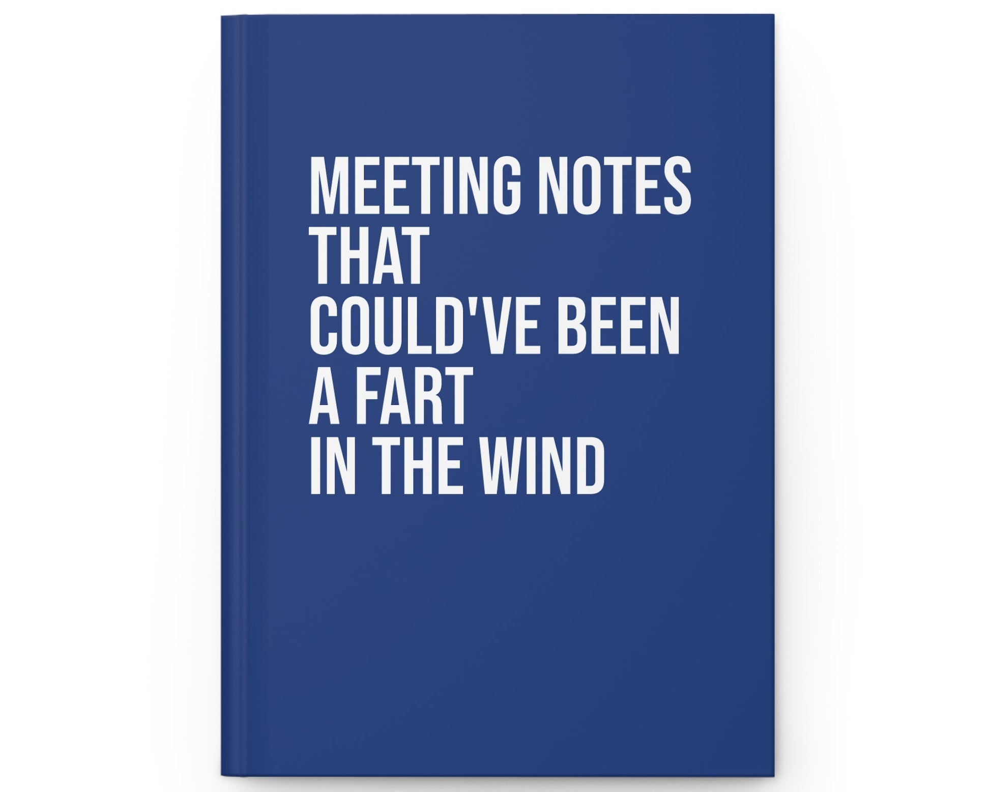 Blue notebook with white text on a white background
