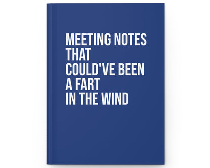 Blue notebook with white text on a white background
