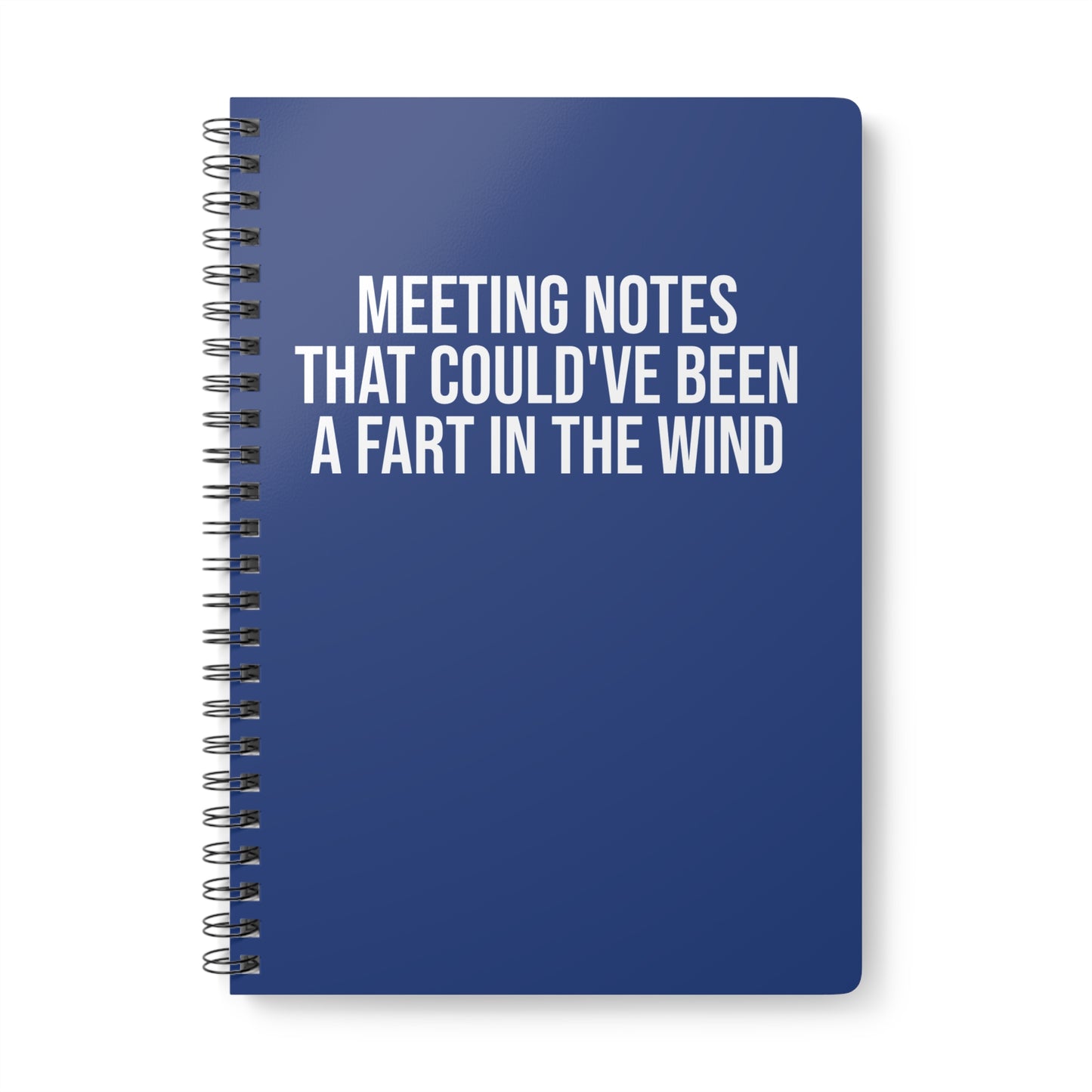 Blue notebook with white text on a white background