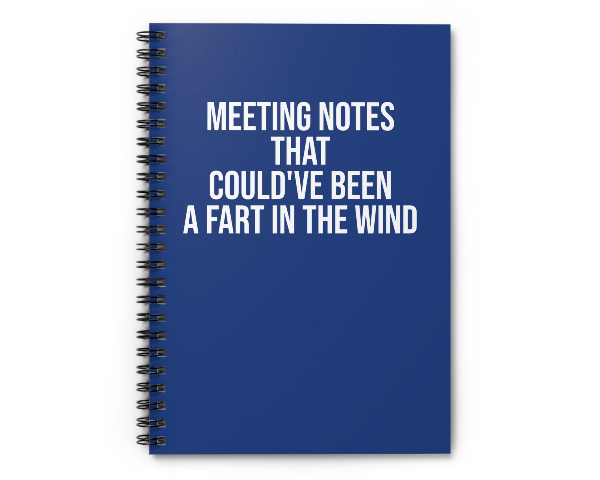 Blue notebook with white text on a white background