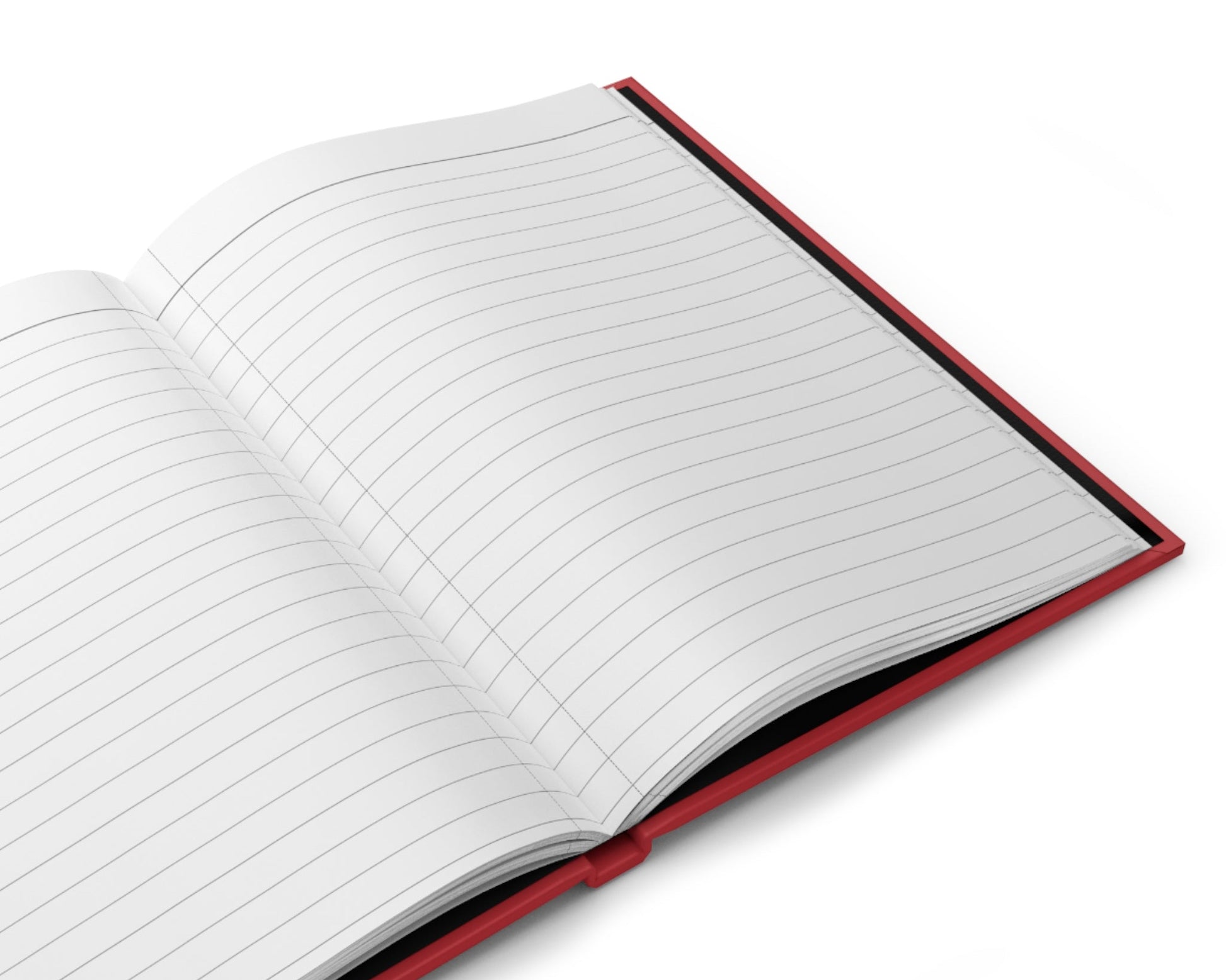 Open notebook with red binding on a white background
