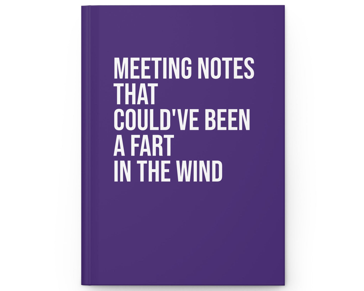 Purple notebook with humorous text on a white background