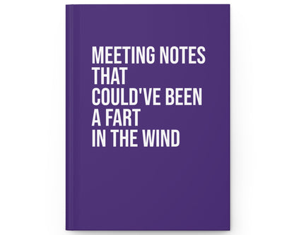 Purple notebook with humorous text on a white background