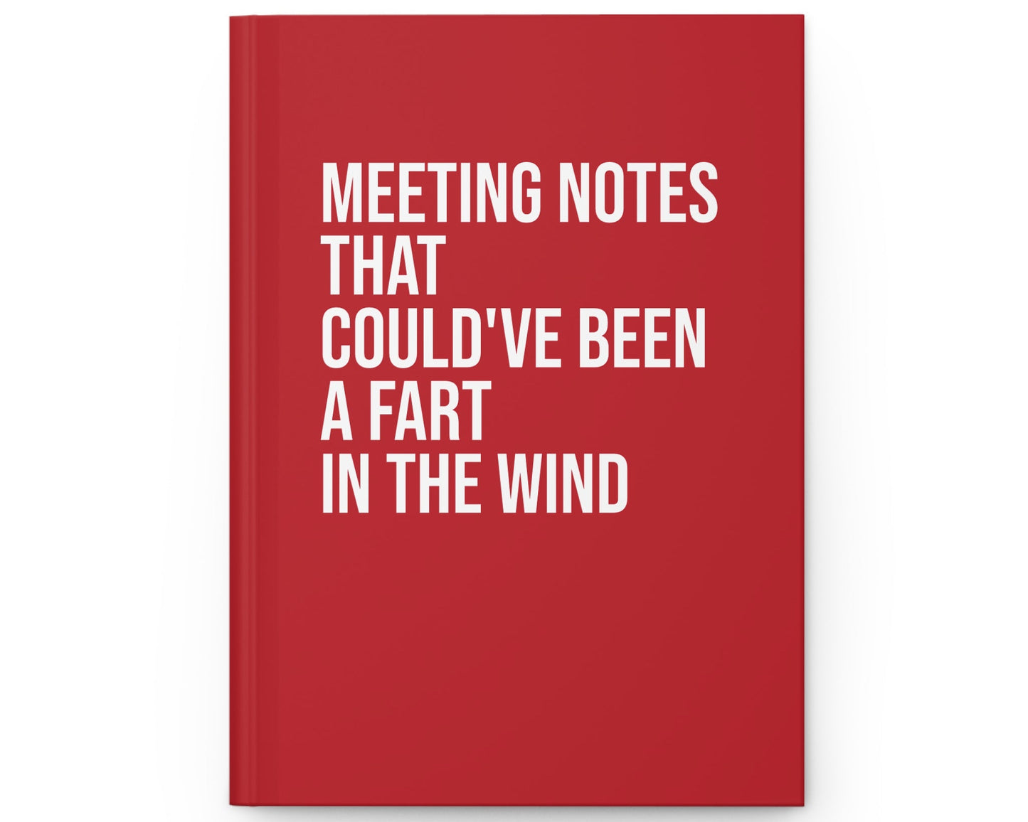 Red notebook with white text on a white background