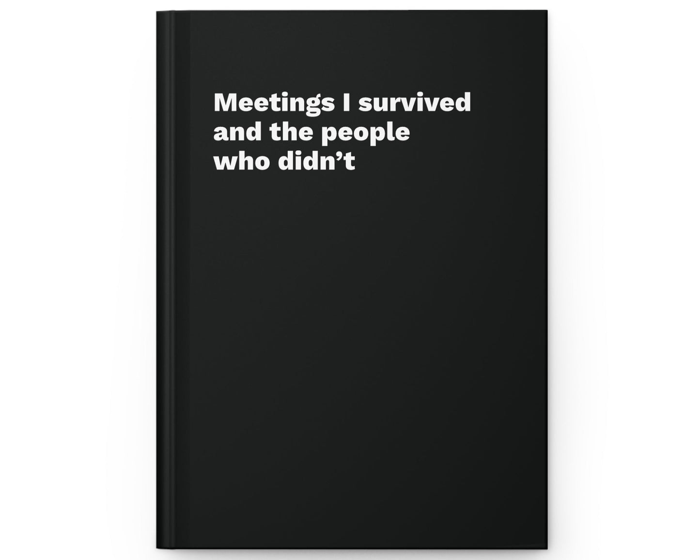 Black notebook with white text on a white background