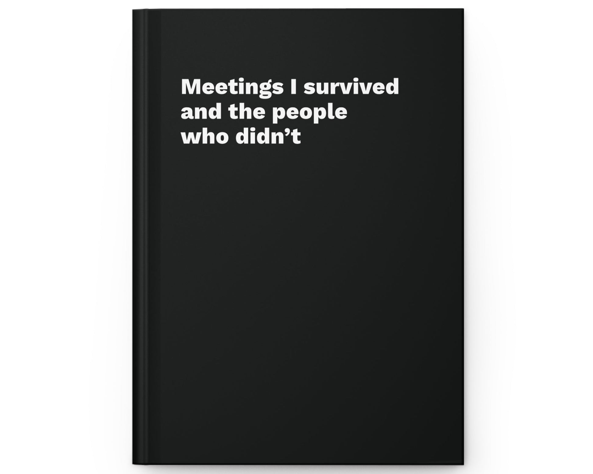 Black notebook with white text on a white background