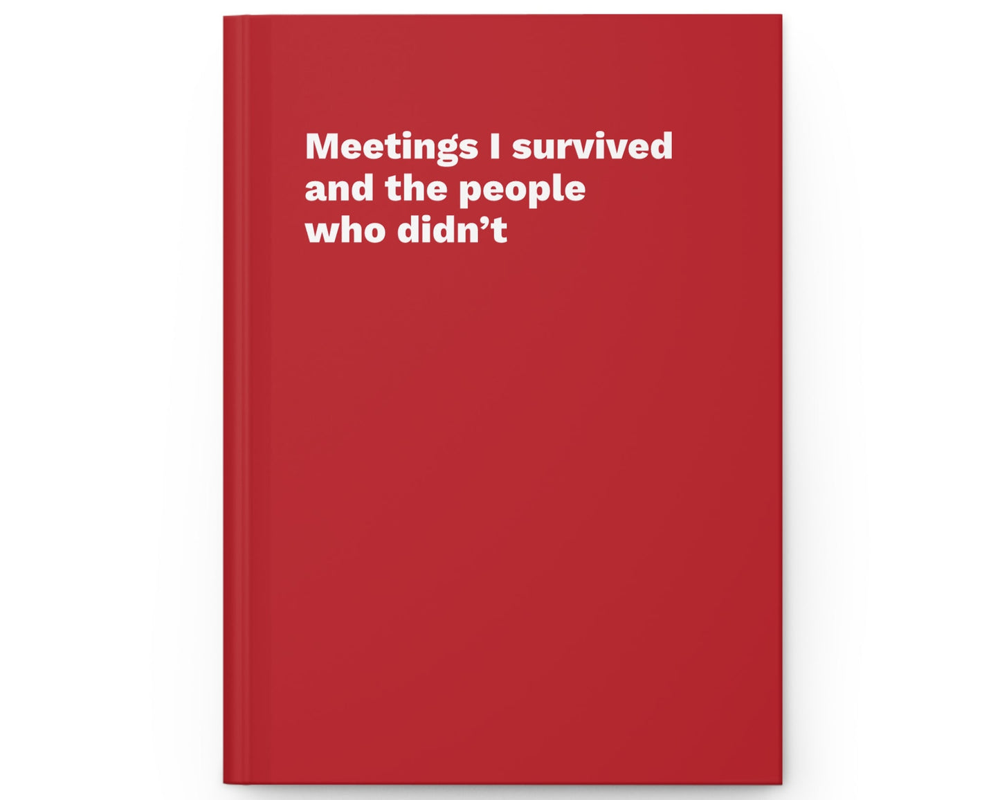 Red notebook with white text on a white background