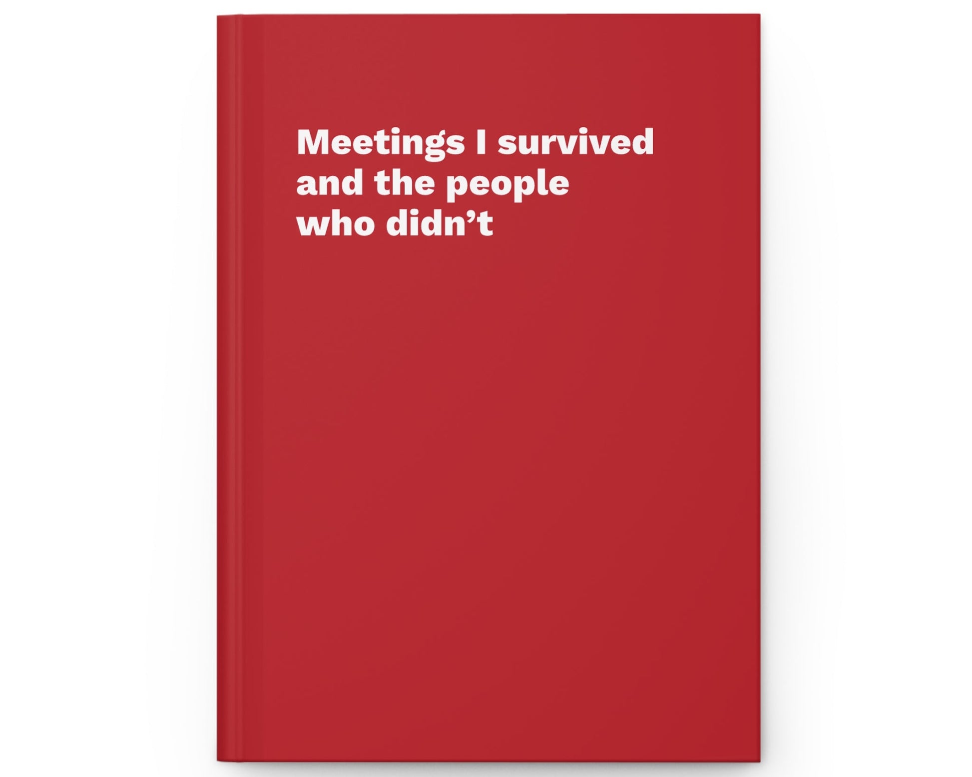 Red notebook with white text on a white background