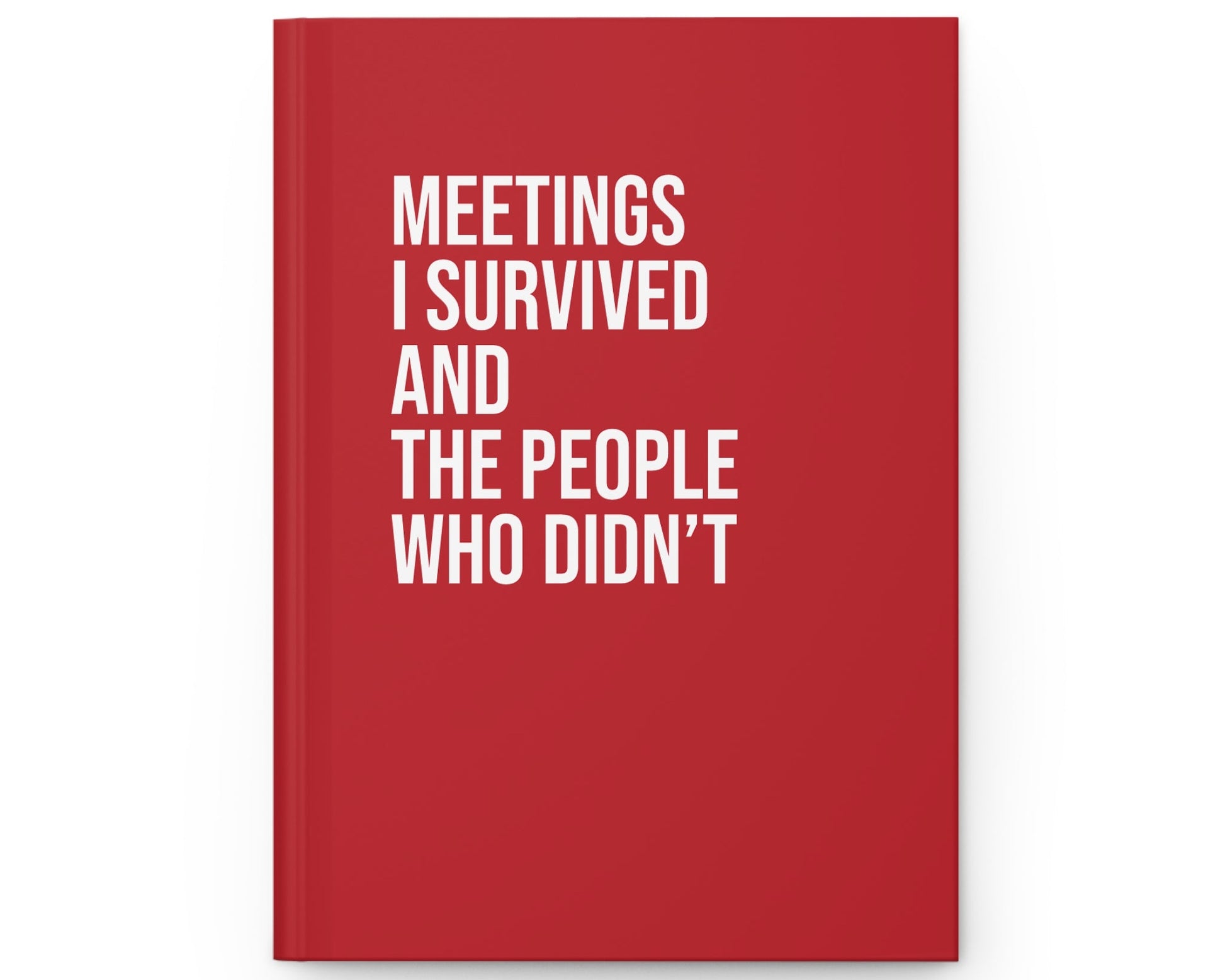 Red notebook with white text on a white background