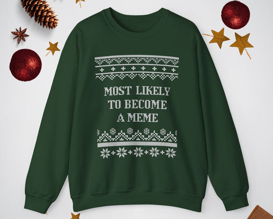 Green sweatshirt with text and patterns on a white background with decorative items.