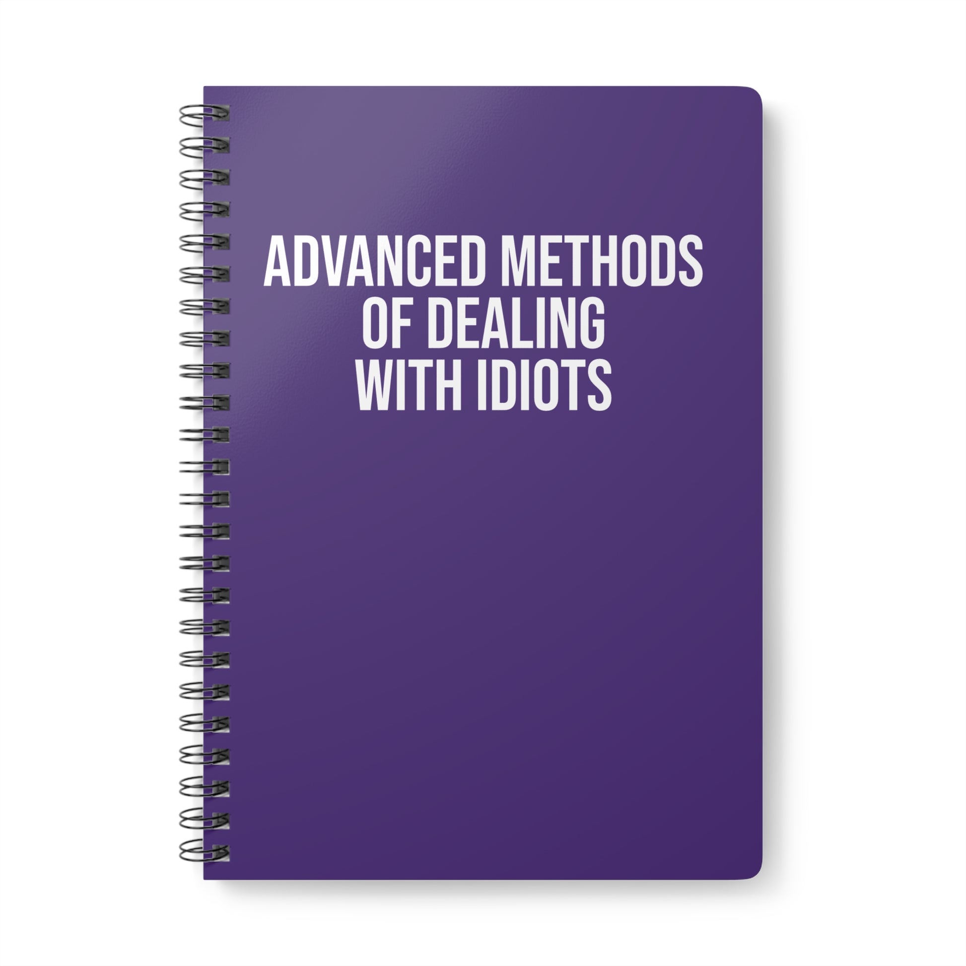 Purple notebook with white text on a white background
