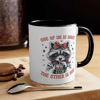 Black 11oz mug with sarcastic raccoon and bold office humor quote