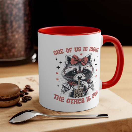 Red 11oz mug for coworkers, features raccoon with boba and sass