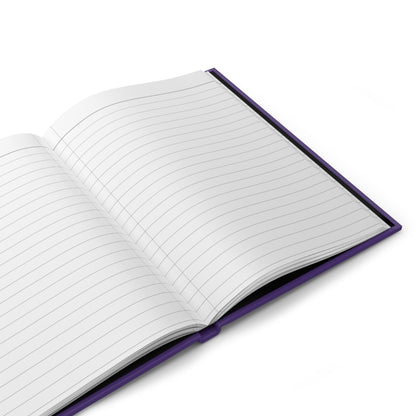 Open notebook with purple binding on a white background