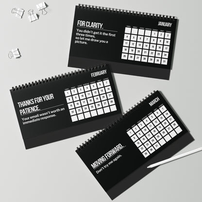 Three black spiral-bound calendars for January, February, and March on a light gray background.