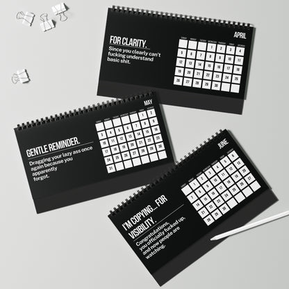 Three black spiral-bound calendars for April, May, and June with humorous text on a gray background.