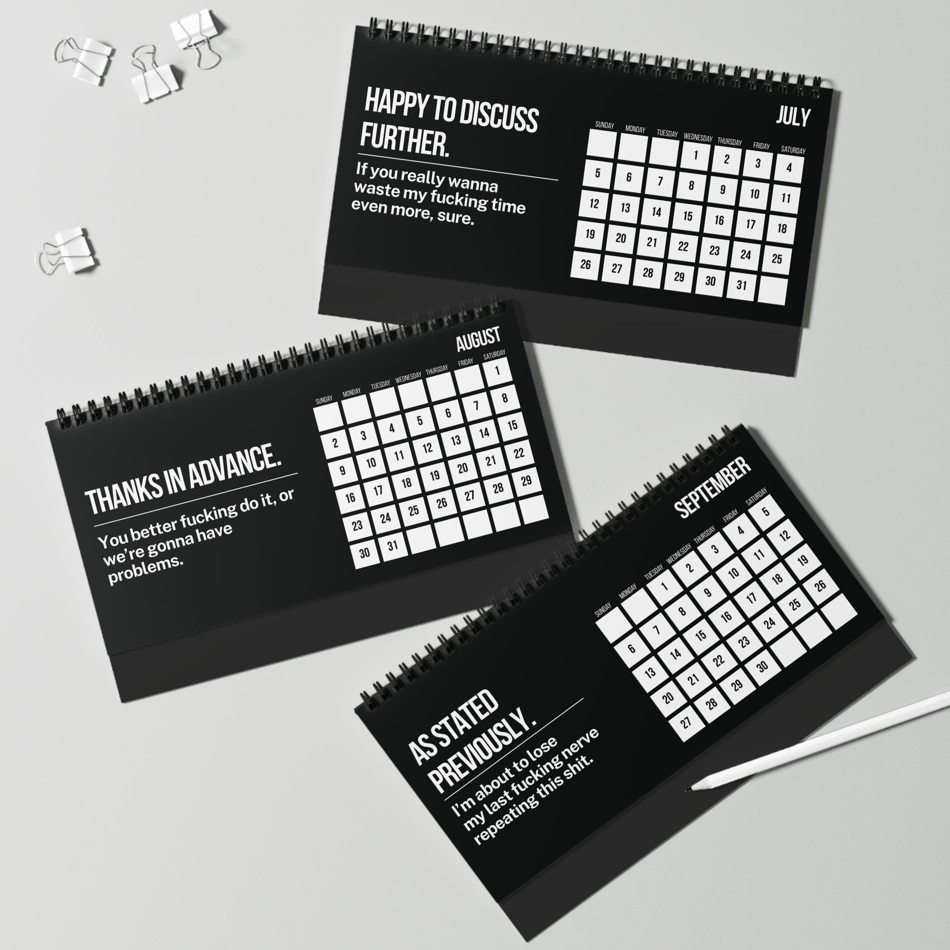 Three black calendars with white text on a gray background
