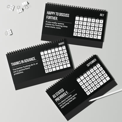 Three black calendars with white text on a gray background