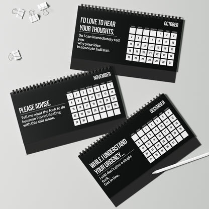 Three black calendars with white text on a gray background