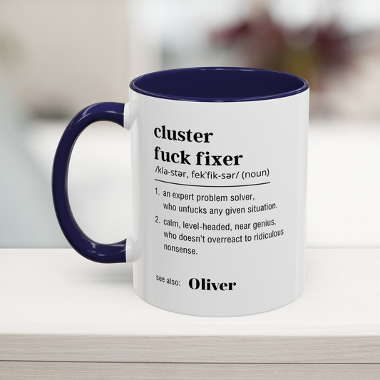 Snarky customized coworker mug in navy with name