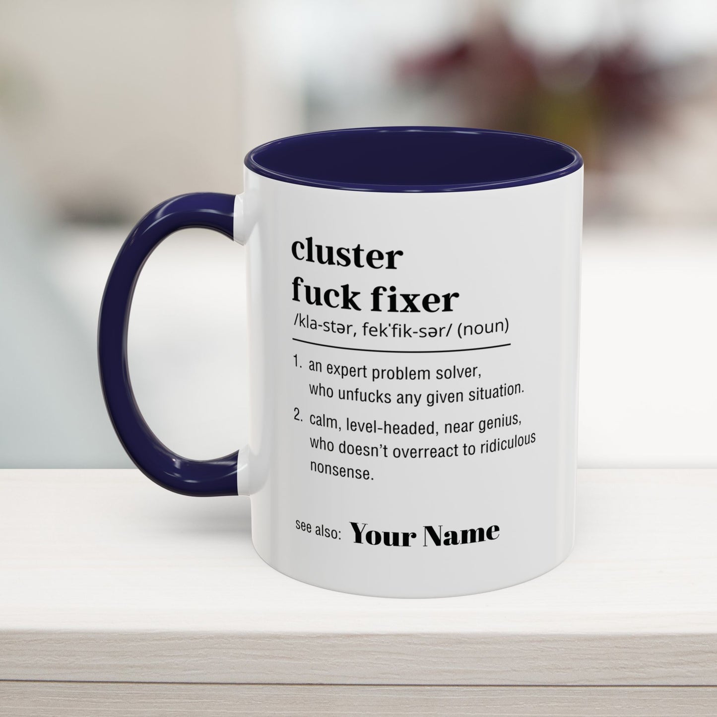 Snarky customized coworker mug in navy – corporate humor at its finest