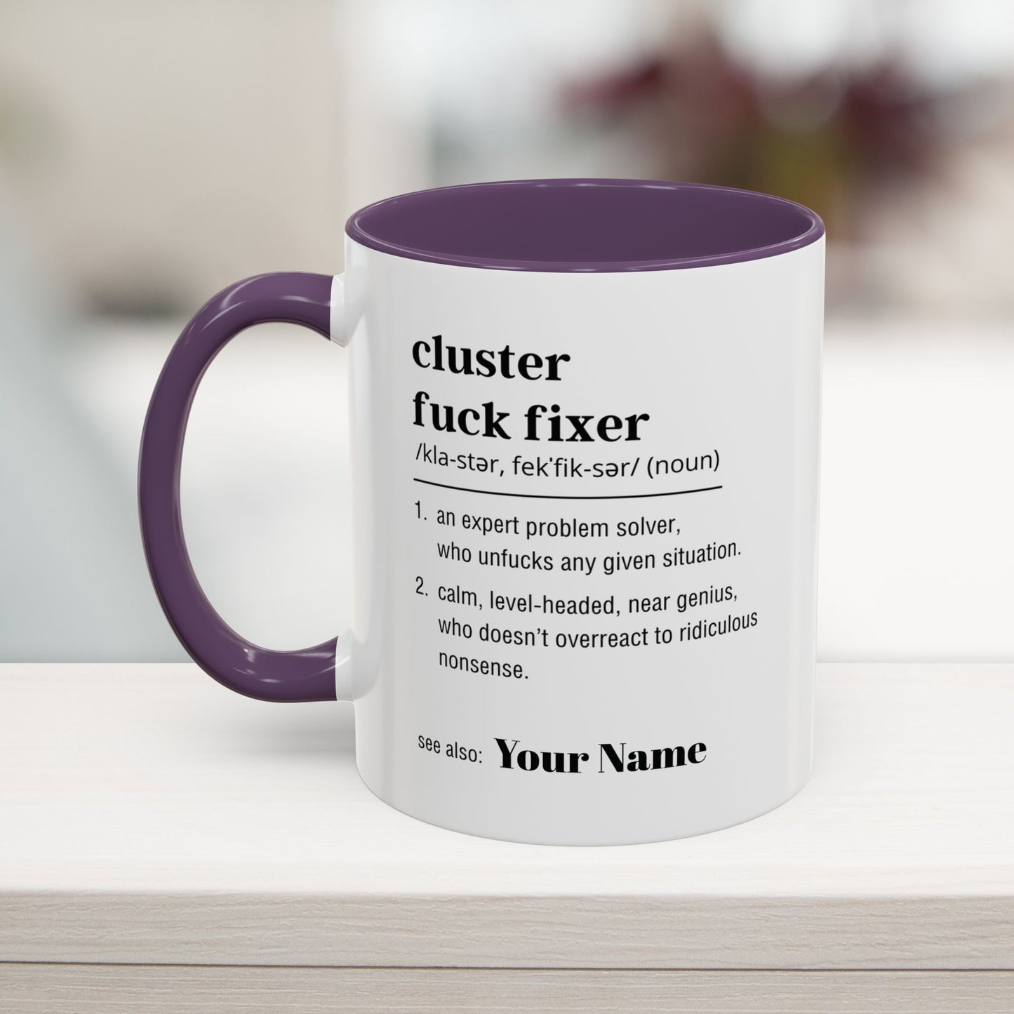 Sarcastic workplace humor mug in purple – great for fixing workplace disasters