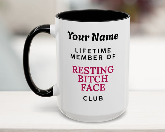 15oz black mug with custom name and sarcastic RBF Club design – humorous gift for coworkers