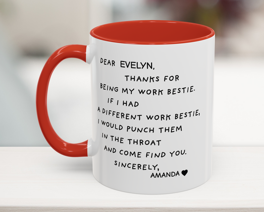 White mug with red interior and handle, featuring a humorous message on a blurred background