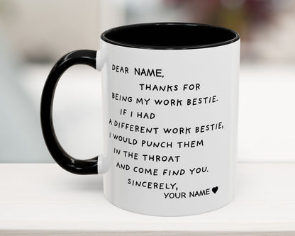 White mug with black interior and handle, featuring a humorous message on a blurred background.