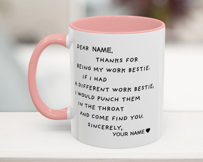 Mug with pink interior and handle, featuring a humorous message on a blurred background